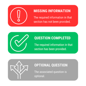 graphic of color coding for eSTAR. Missing information, question completed, or optional question.