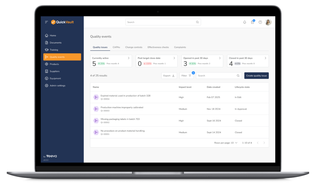 screenshot of QuickVault software on a Macbook with quality events tab open