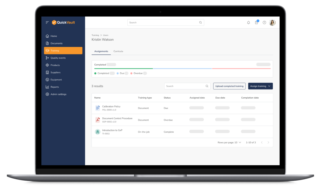 screenshot of QuickVault software on a Macbook with training tab open