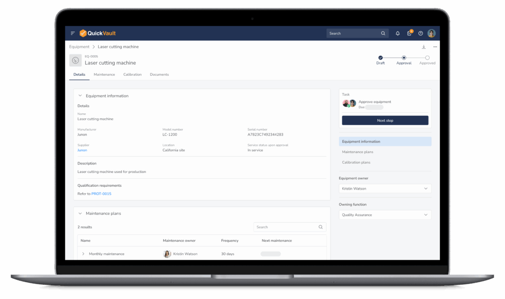 QuickVault's Equipment Management module on laptop