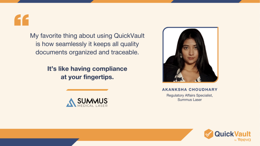 Regulatory Affairs Specialist, Akanksha Choudhary, testimonial of QuickVault