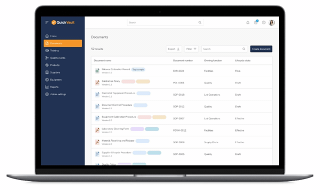 Document Control and Change Control QuickVault functionalities