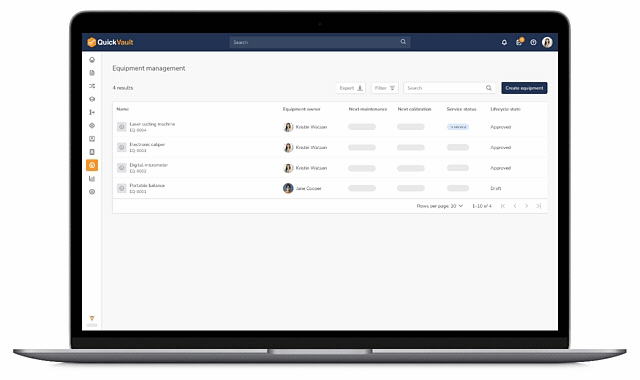Equipment Management with calibration and maintenance workflows within QuickVault