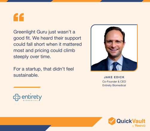 Case study quote explaining how Greenlight Guru's eQMS solution wasn’t a good fit